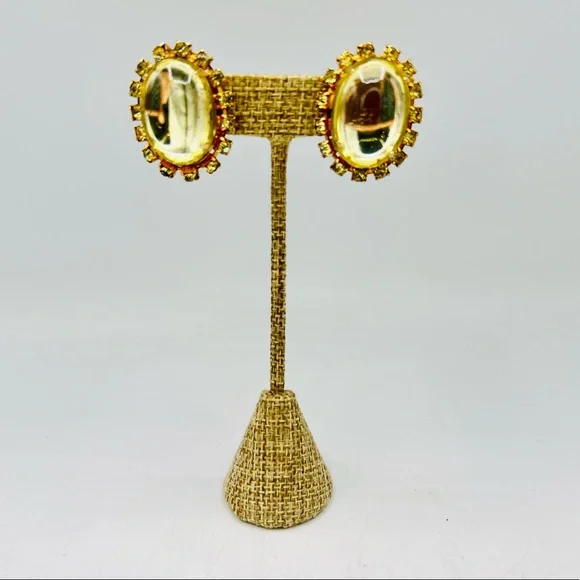 Vintage clip on earrings lemon yellow oval rhinestones - Picture 2 of 11